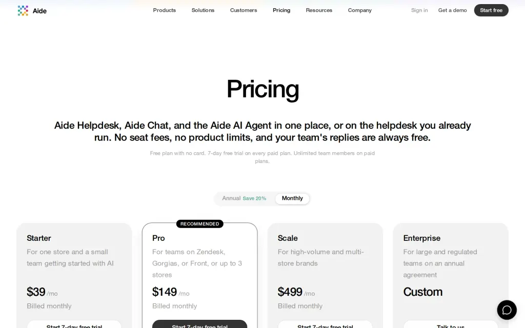 Pricing page of Aide