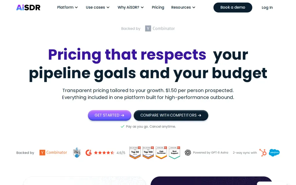 Pricing page of AiSDR