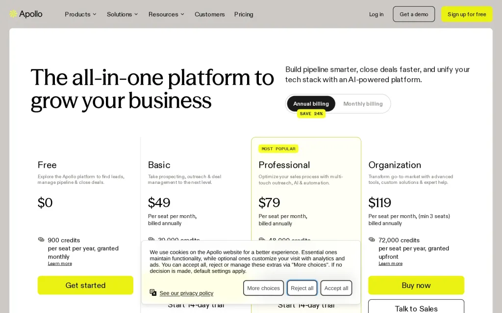 Pricing page of Apollo