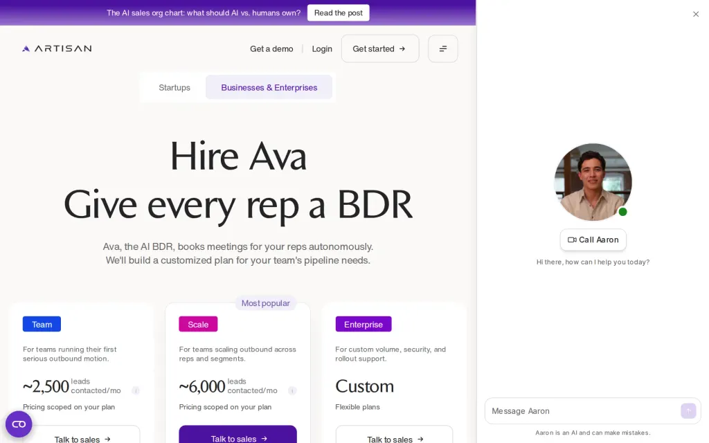 Pricing page of Artisan