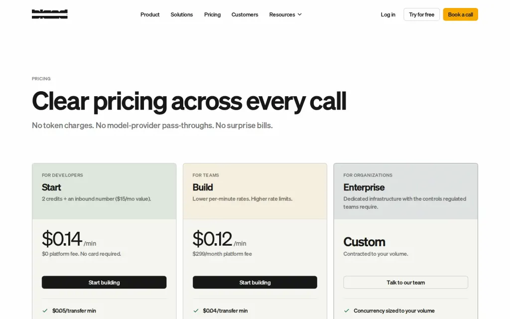 Pricing page of Bland