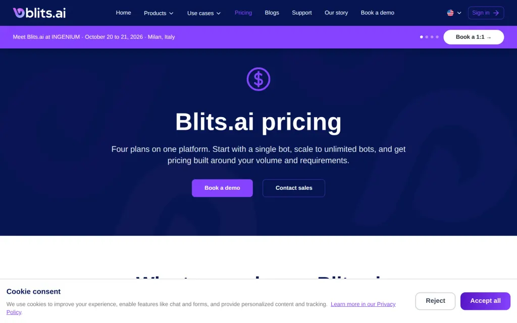 Pricing page of Blits.ai Agentic AI