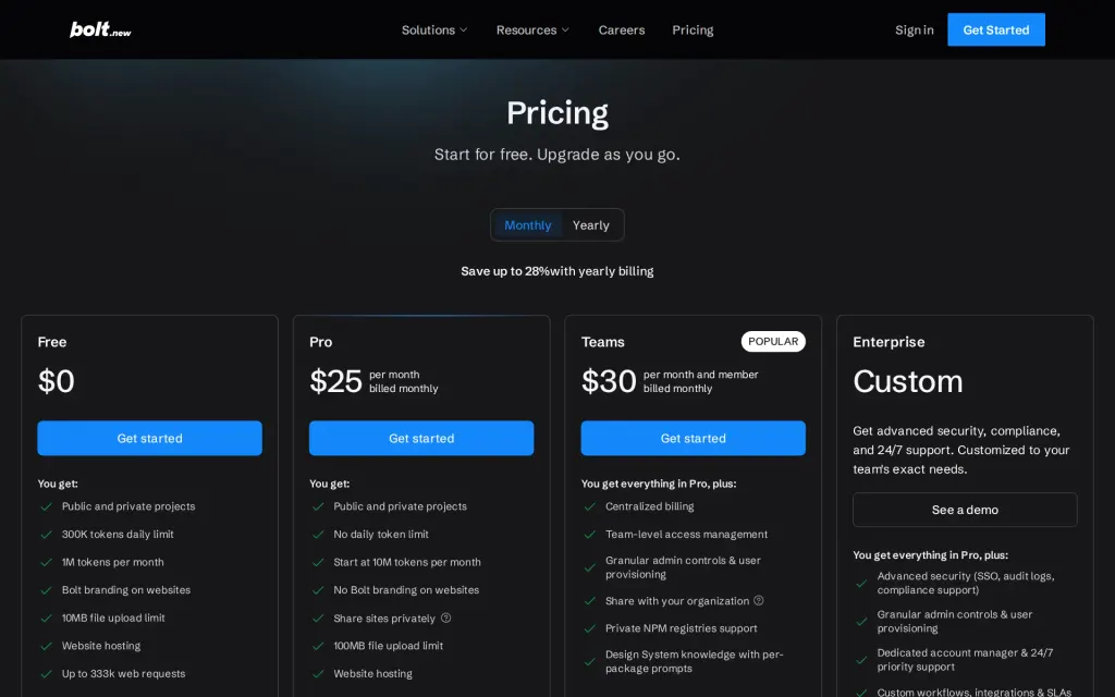 Pricing page of Bolt