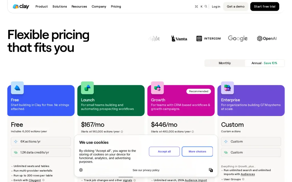 Pricing page of Clay