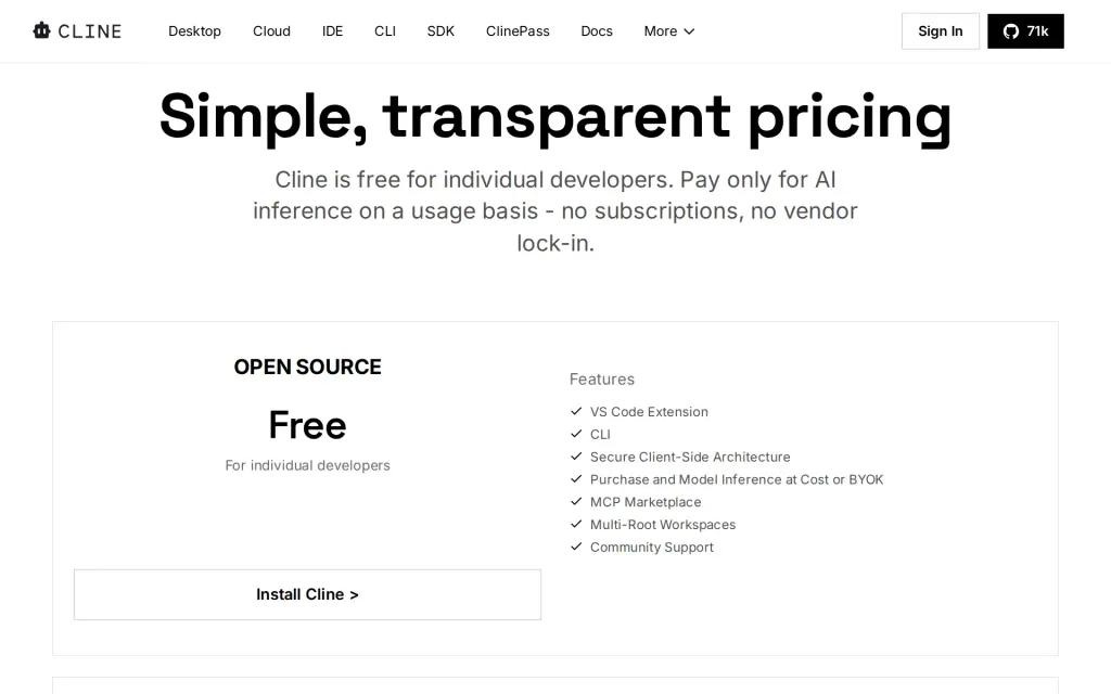 Pricing page of Cline