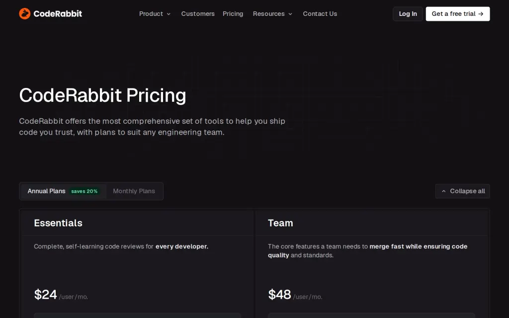 Pricing page of CodeRabbit