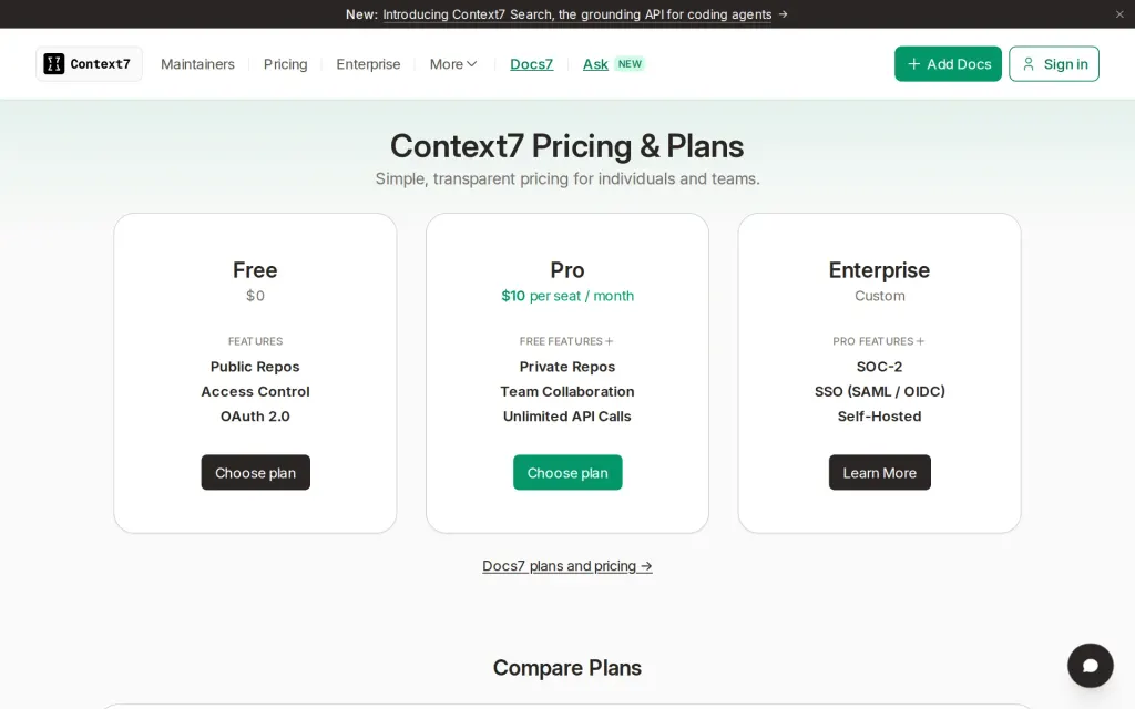 Pricing page of Context7