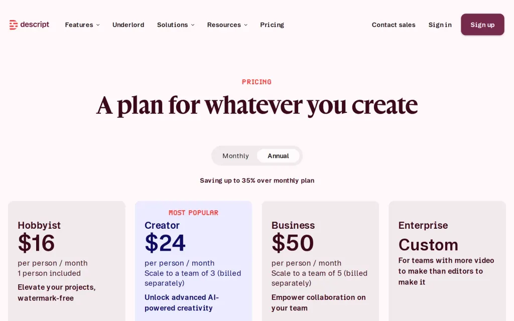 Pricing page of Descript
