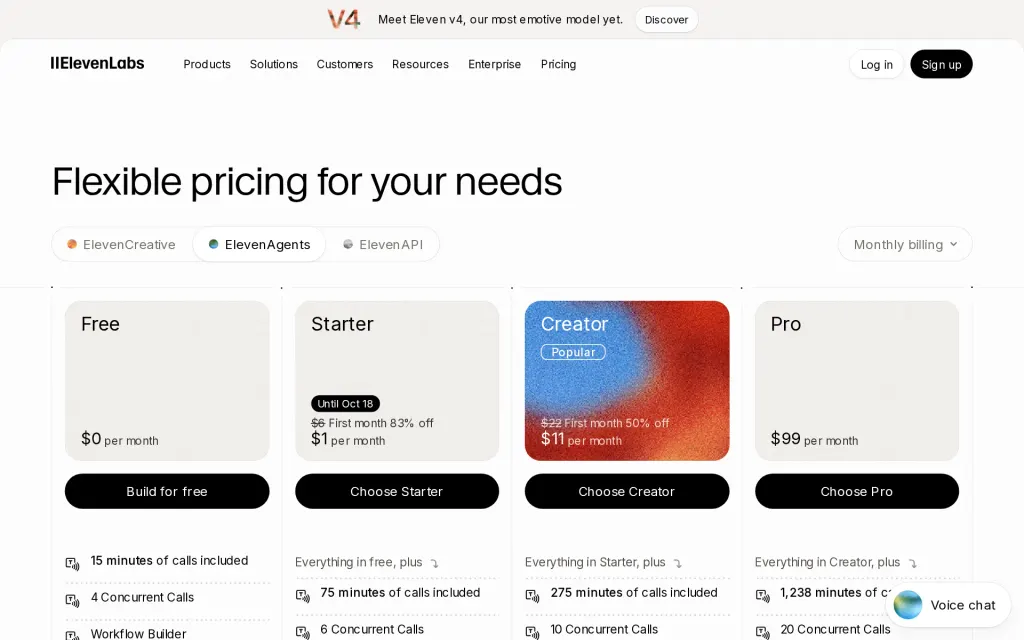 Pricing page of ElevenLabs Agents