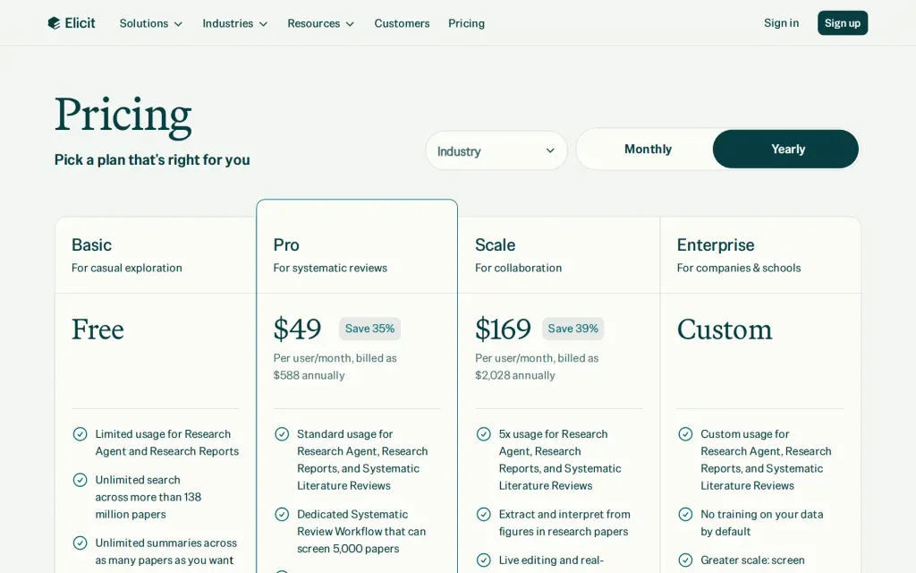 Pricing page of Elicit
