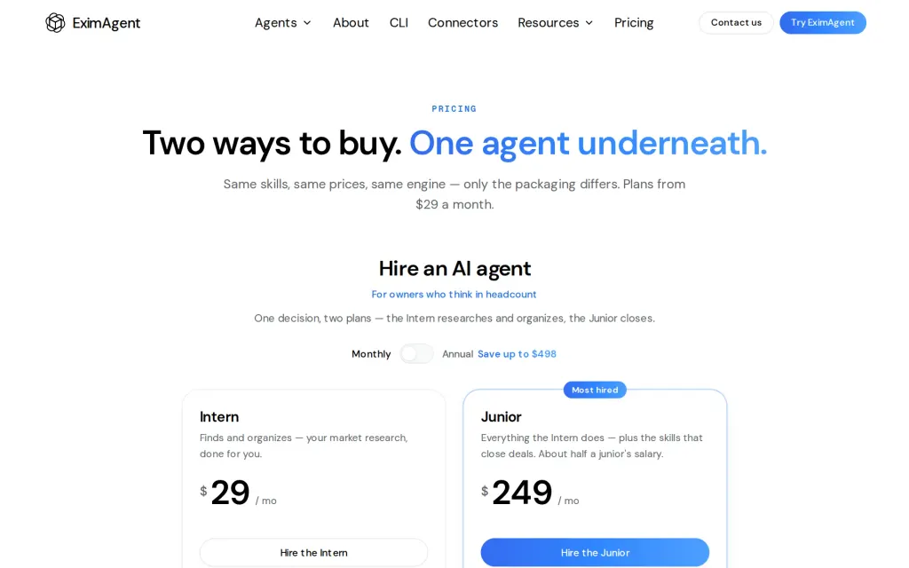 Pricing page of EximAgent