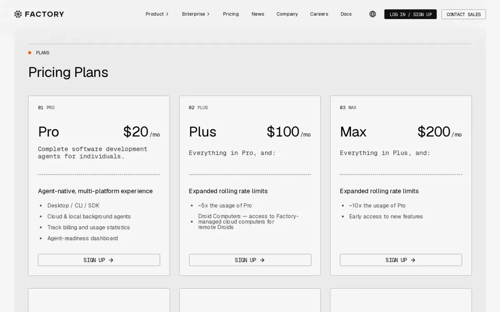 Pricing page of Factory