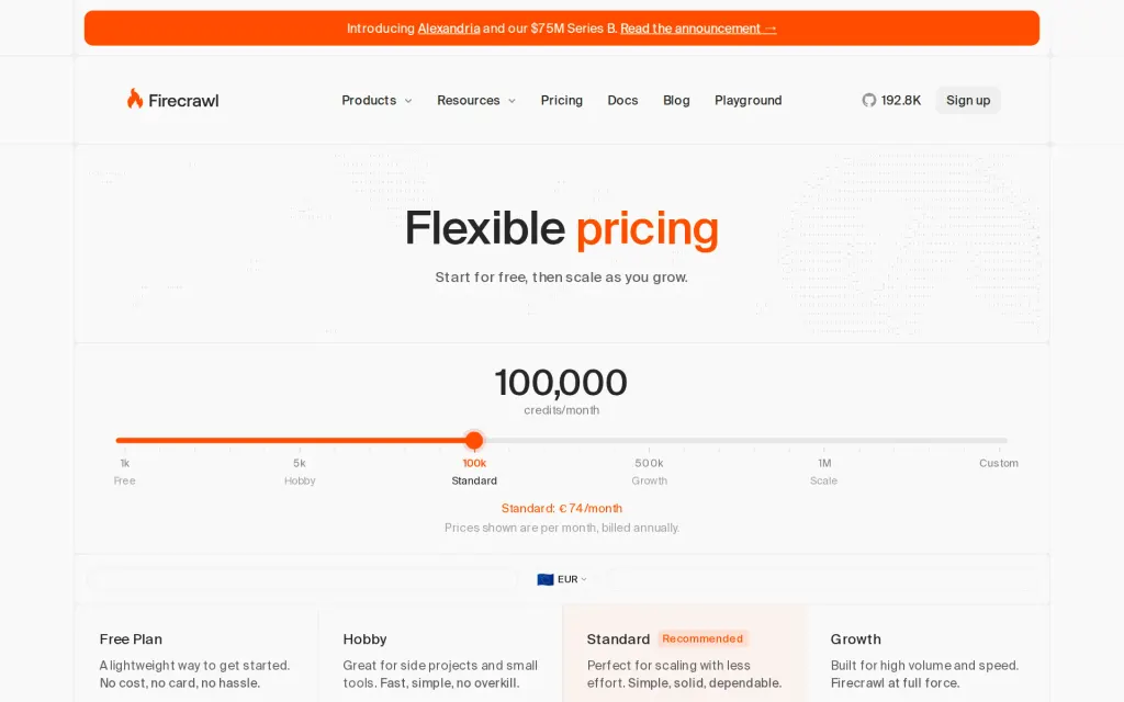 Pricing page of Firecrawl