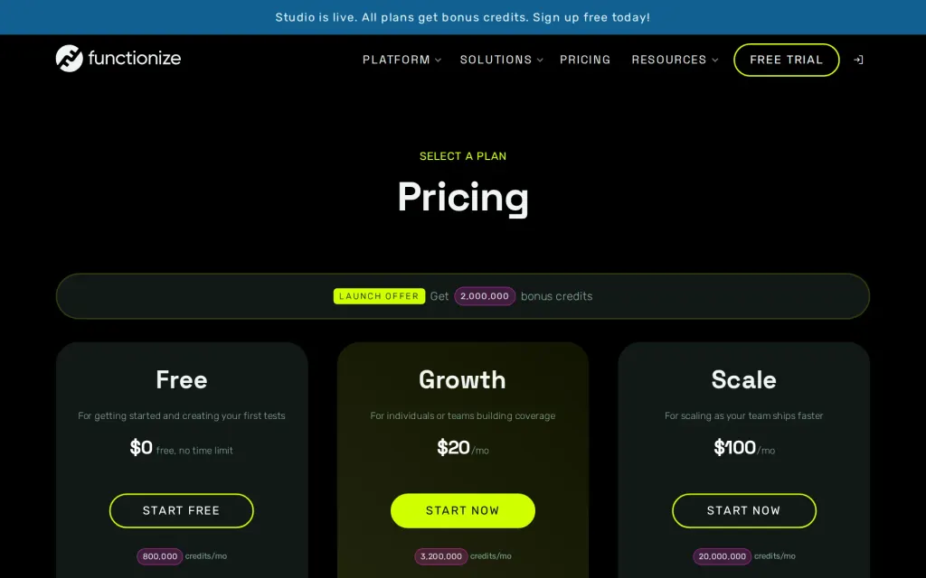 Pricing page of Functionize Studio