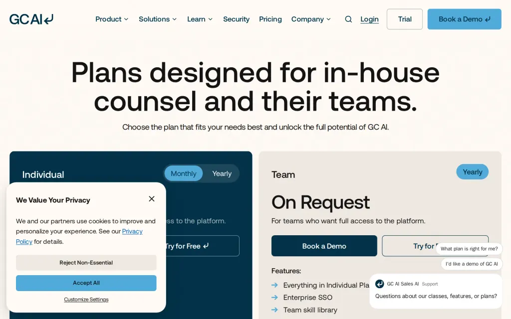 Pricing page of GC AI