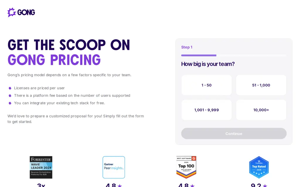 Pricing page of Gong