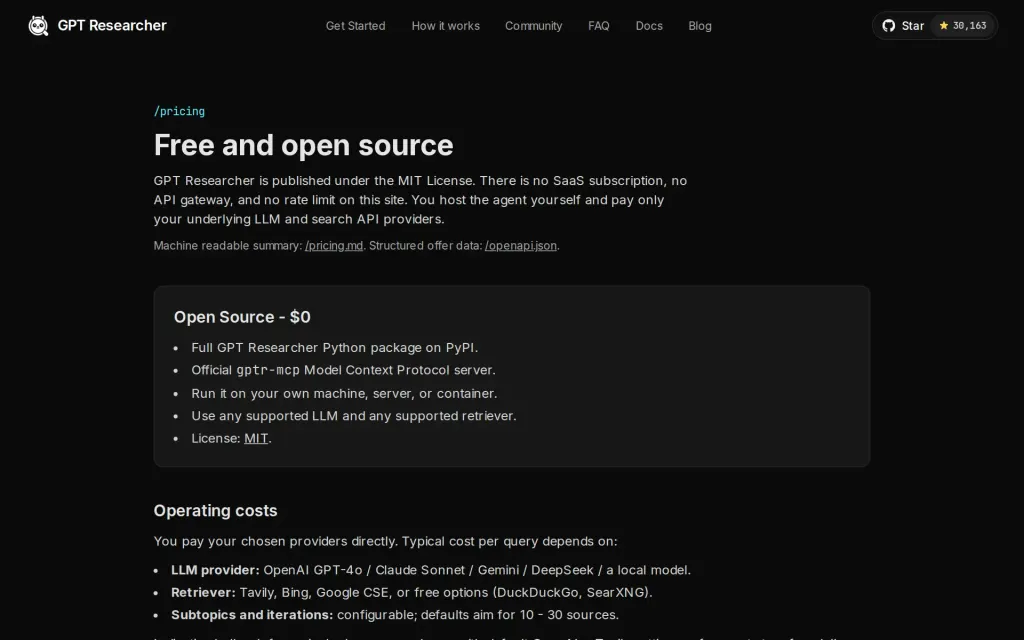 Pricing page of GPT Researcher