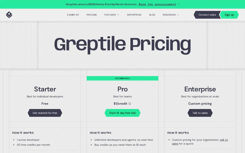 Pricing page of Greptile
