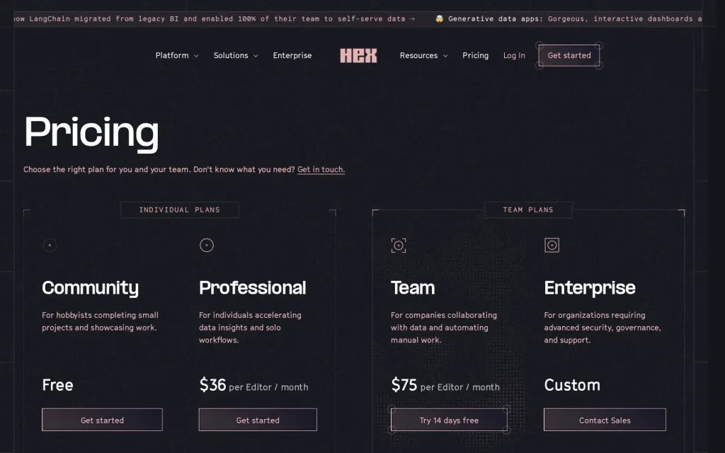 Pricing page of Hex