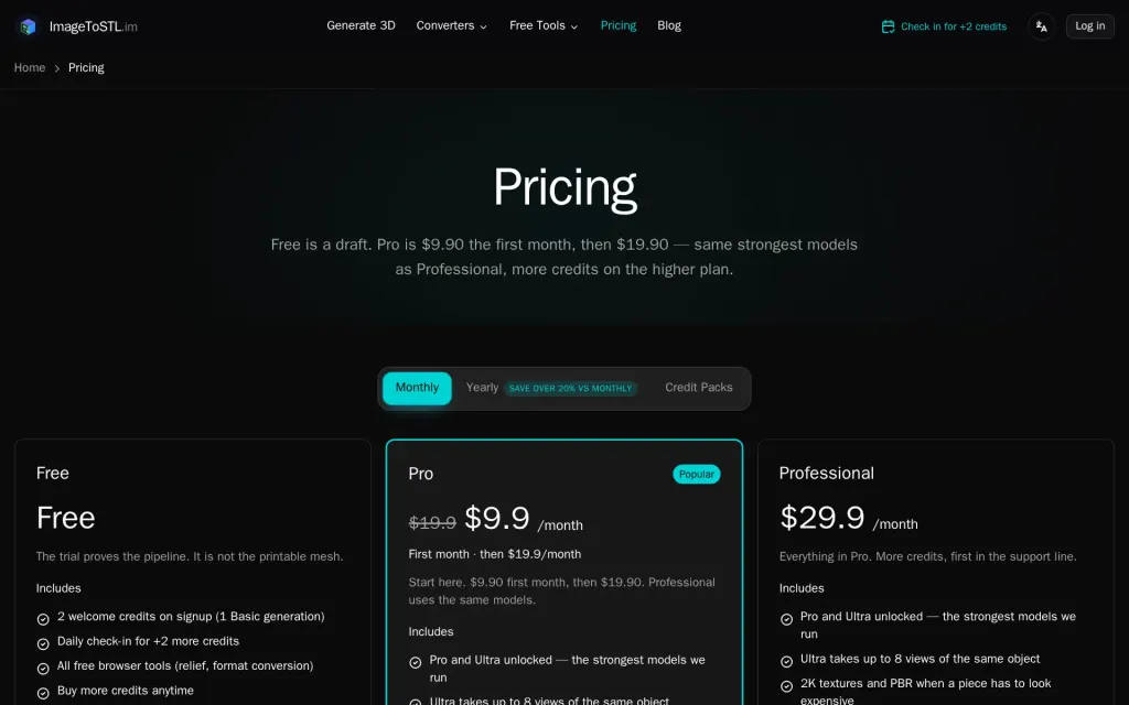 Pricing page of ImageToSTL