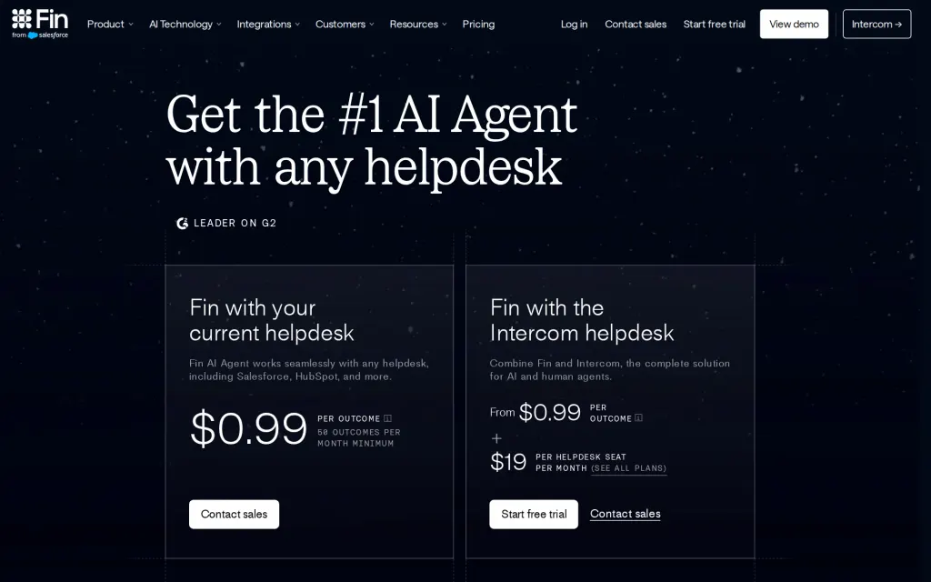 Pricing page of Fin