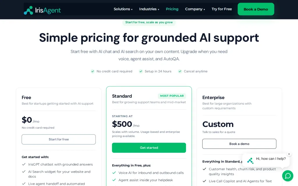 Pricing page of IrisAgent