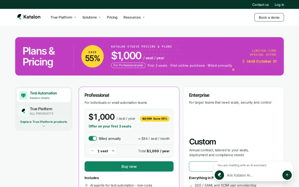 Pricing page of Katalon