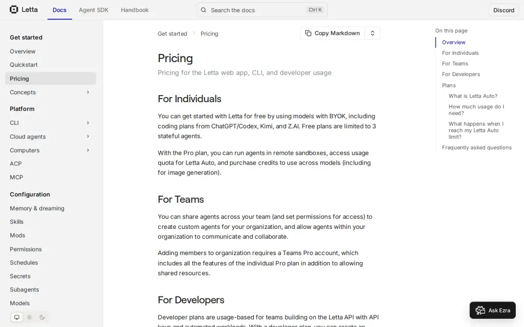 Pricing page of Letta