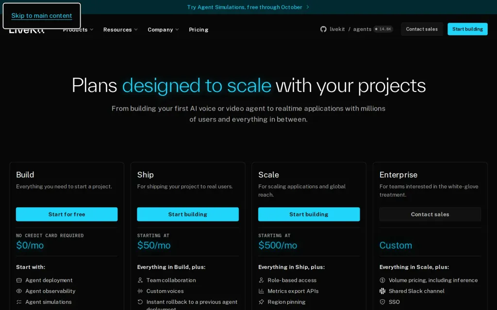 Pricing page of LiveKit Agents