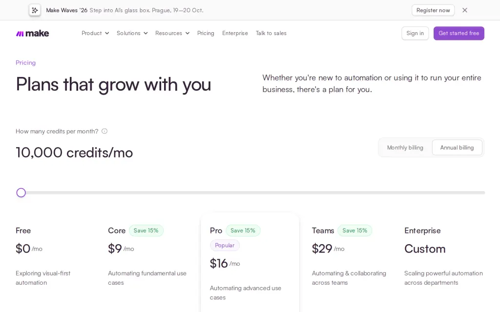 Pricing page of Make