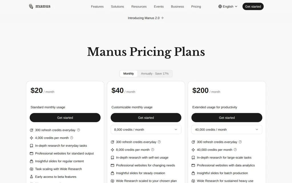 Pricing page of Manus