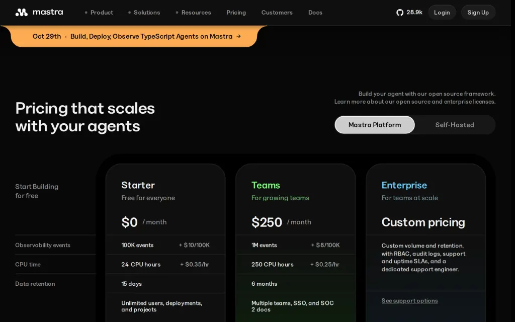 Pricing page of Mastra