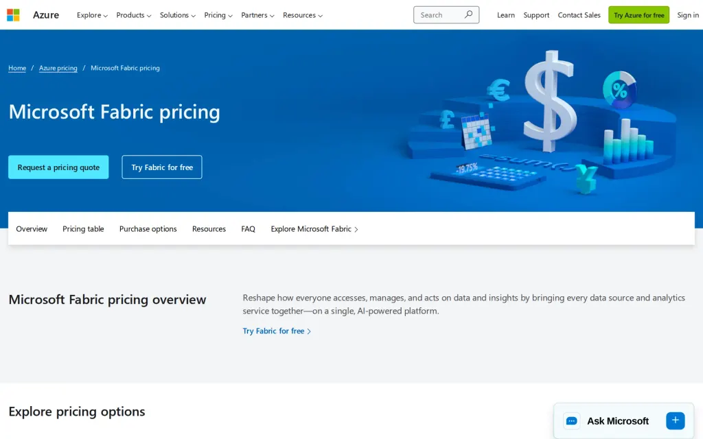 Pricing page of Microsoft Fabric data agent