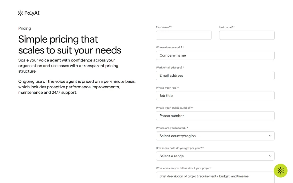 Pricing page of PolyAI