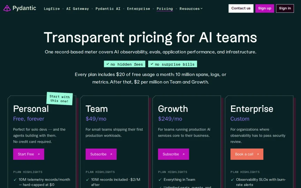 Pricing page of Pydantic AI