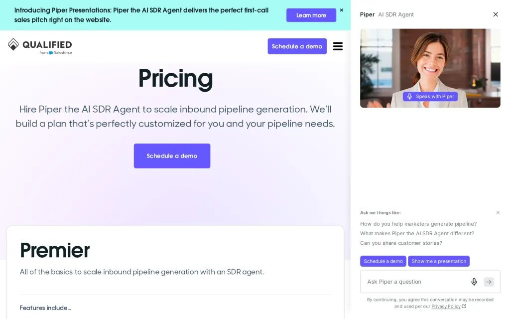 Pricing page of Qualified