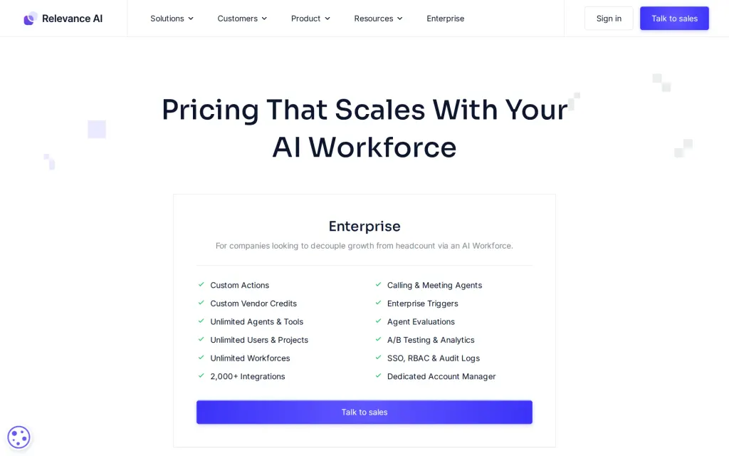 Pricing page of Relevance AI