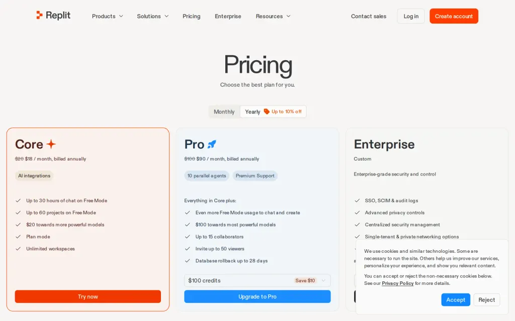 Pricing page of Replit Agent