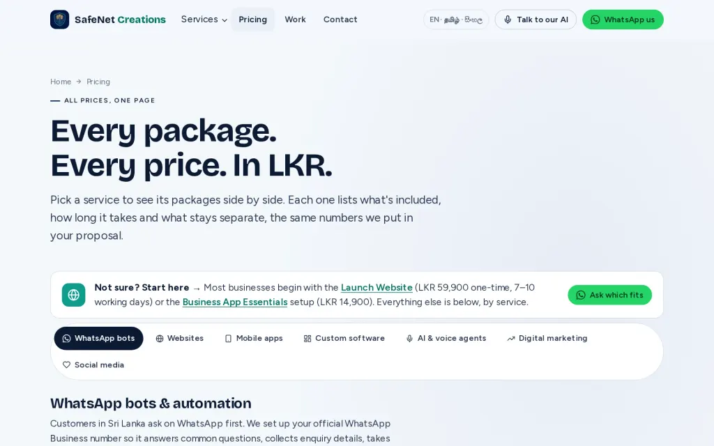 Pricing page of SafeNet Creations