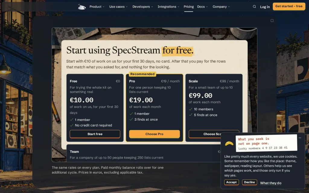 Pricing page of SpecStream