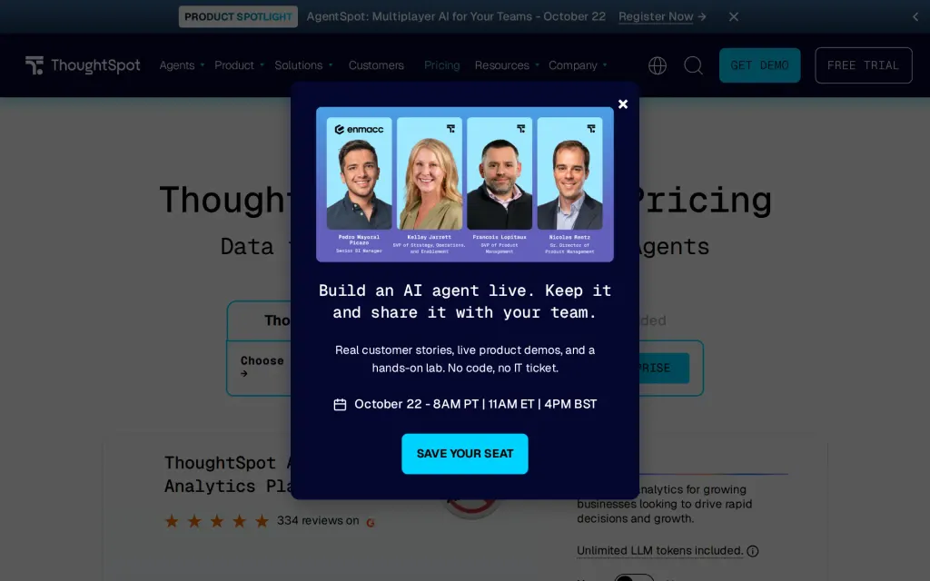 Pricing page of ThoughtSpot
