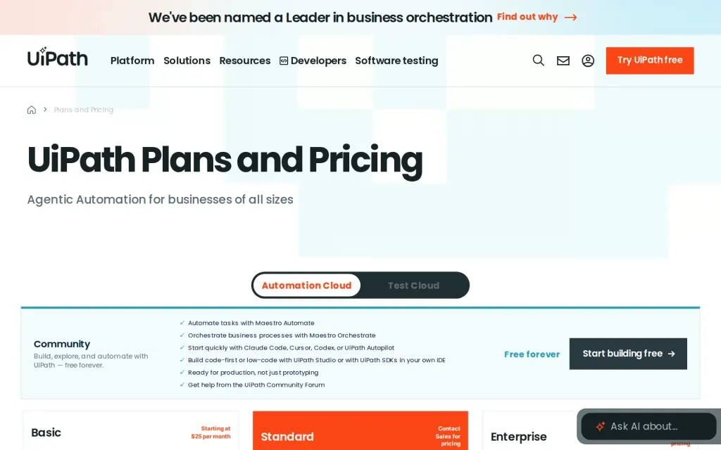 Pricing page of UiPath Agent Builder