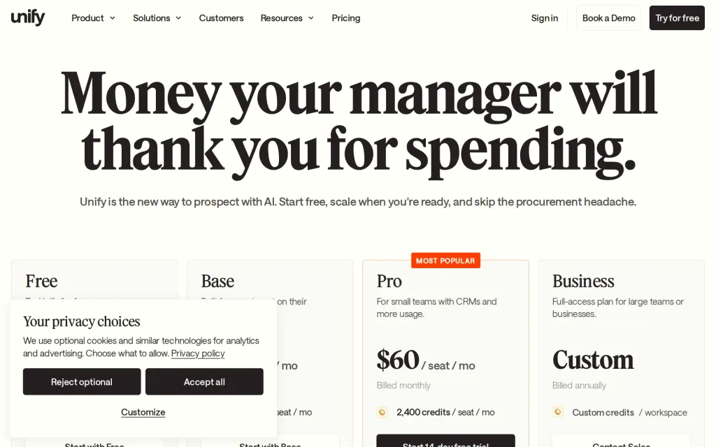 Pricing page of Unify