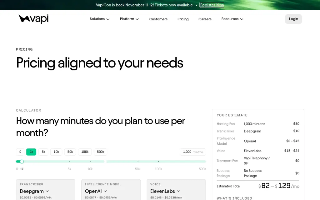 Pricing page of Vapi
