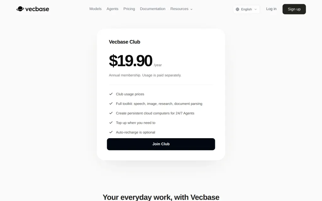 Pricing page of Vecbase