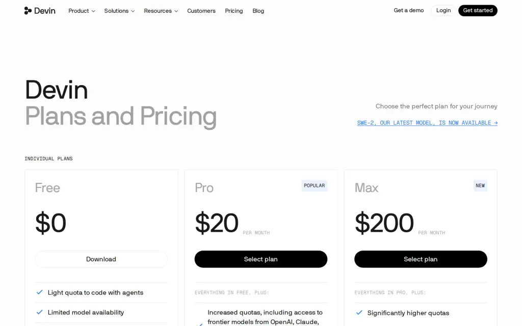 Pricing page of Devin Desktop