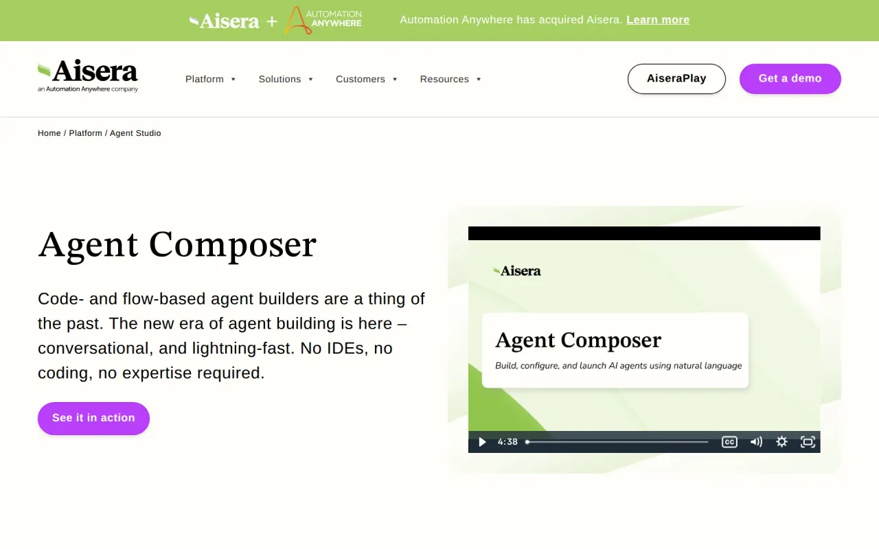 Screenshot of Aisera Agent Composer (Agent Studio)